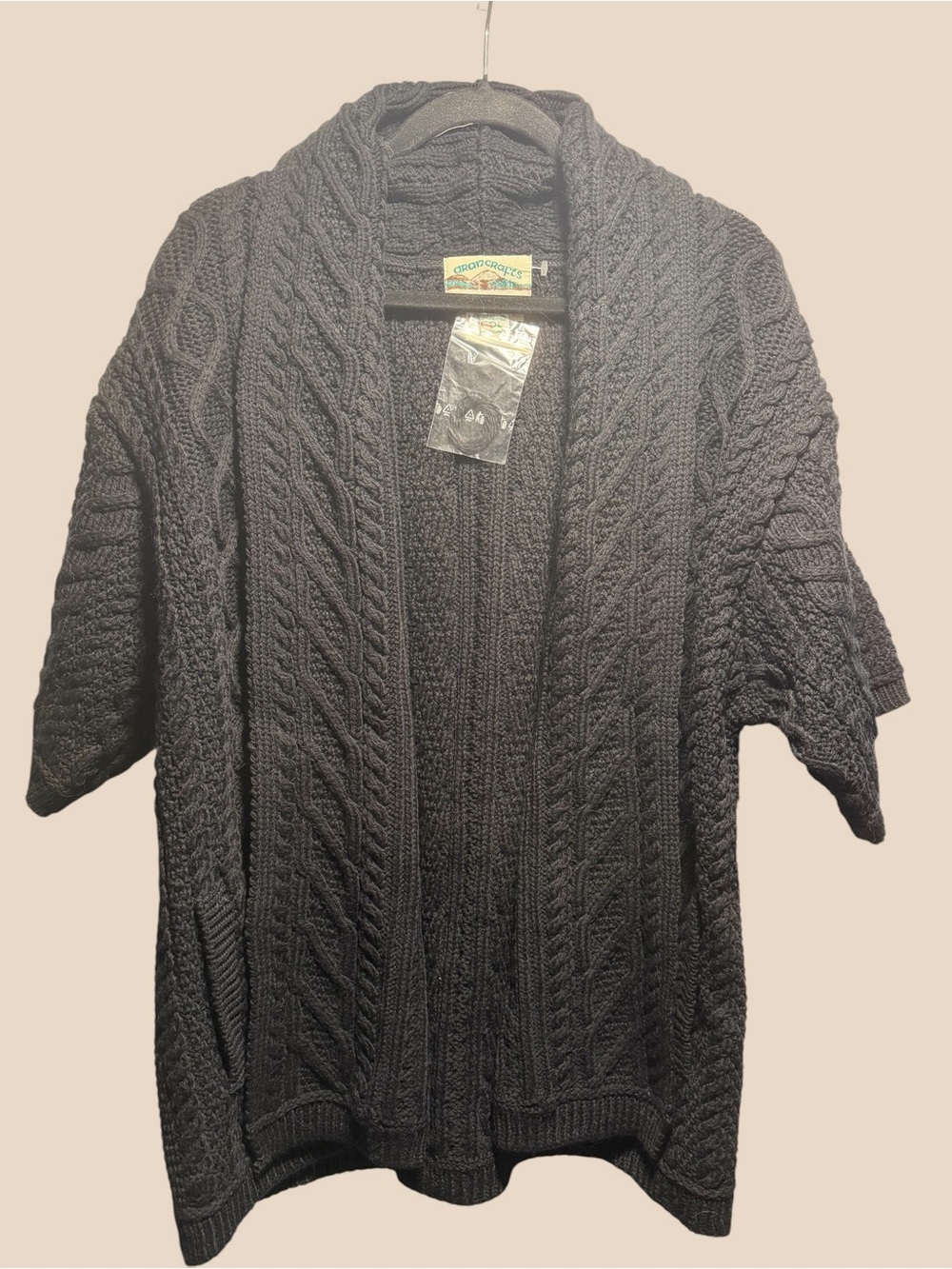 Aran Crafts Black Merino Wool Open Front Cable Cardigan L NWOT